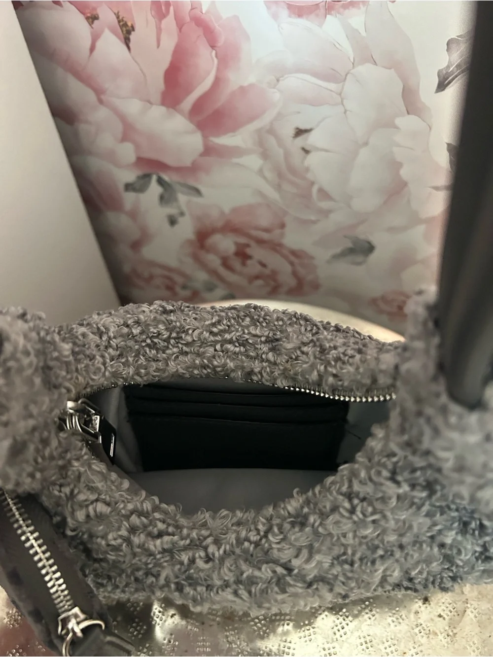 Gray Textured Shoulder Bag with Mini Pouch